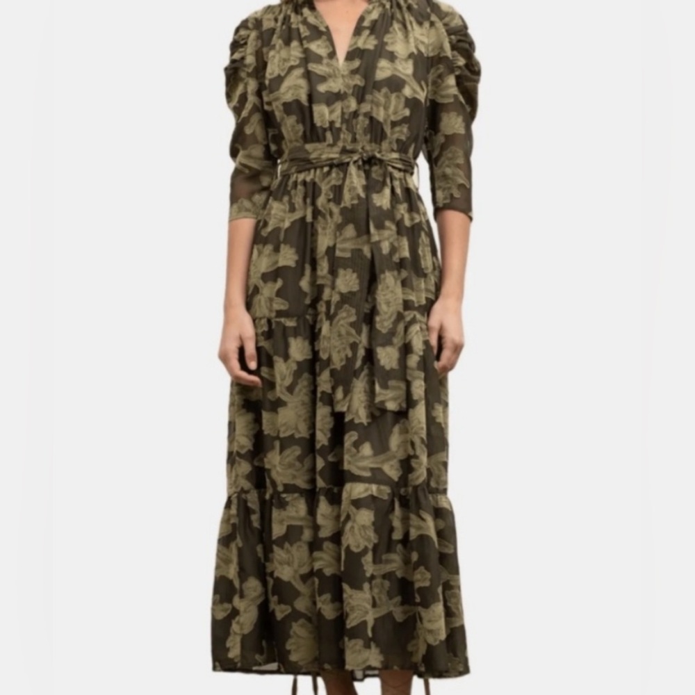 Elegant Green and Brown Tiered Maxi Dress with Puff Sleeves